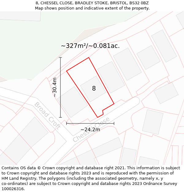 8, CHESSEL CLOSE, BRADLEY STOKE, BRISTOL, BS32 0BZ: Plot and title map