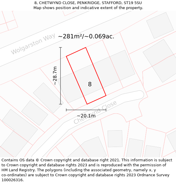 8, CHETWYND CLOSE, PENKRIDGE, STAFFORD, ST19 5SU: Plot and title map