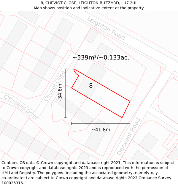 8, CHEVIOT CLOSE, LEIGHTON BUZZARD, LU7 2UL: Plot and title map