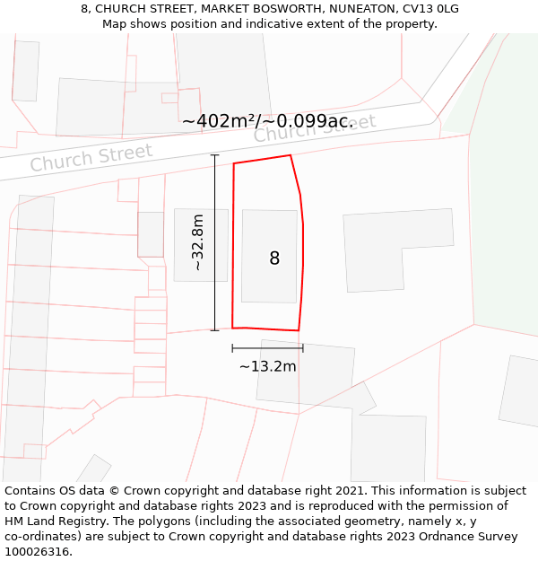 8, CHURCH STREET, MARKET BOSWORTH, NUNEATON, CV13 0LG: Plot and title map