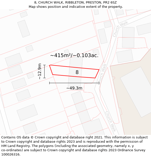 8, CHURCH WALK, RIBBLETON, PRESTON, PR2 6SZ: Plot and title map