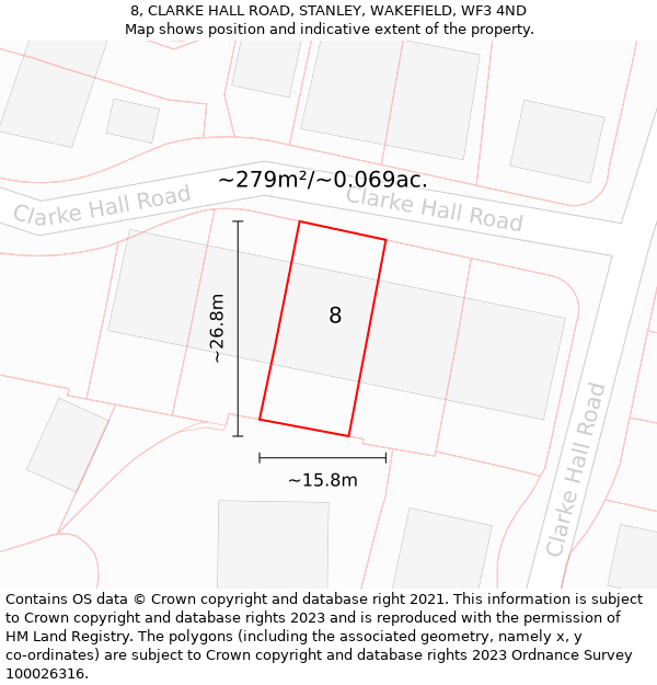 8, CLARKE HALL ROAD, STANLEY, WAKEFIELD, WF3 4ND: Plot and title map