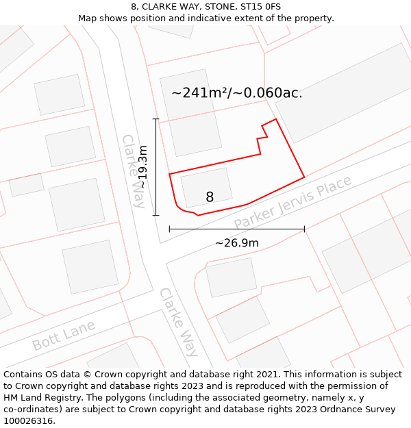 8, CLARKE WAY, STONE, ST15 0FS: Plot and title map