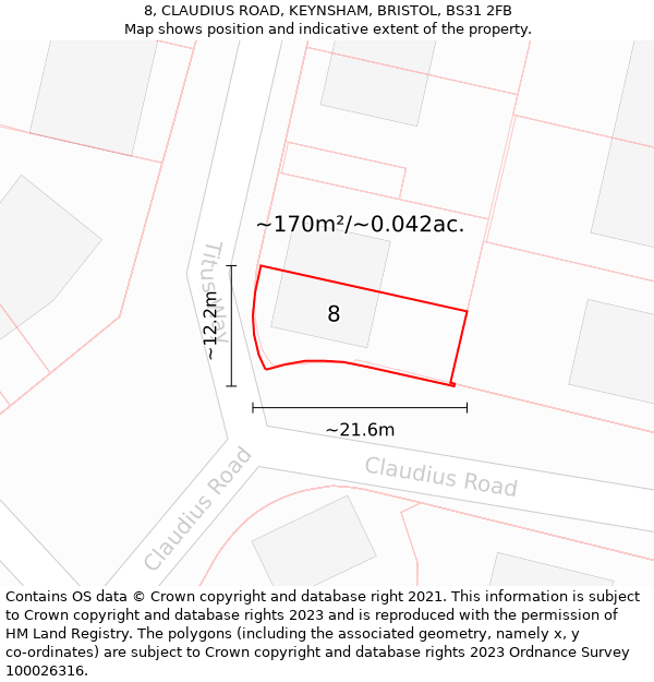 8, CLAUDIUS ROAD, KEYNSHAM, BRISTOL, BS31 2FB: Plot and title map