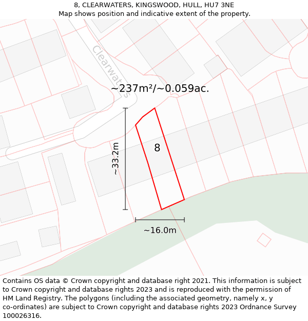 8, CLEARWATERS, KINGSWOOD, HULL, HU7 3NE: Plot and title map