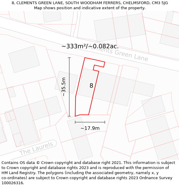 8, CLEMENTS GREEN LANE, SOUTH WOODHAM FERRERS, CHELMSFORD, CM3 5JG: Plot and title map