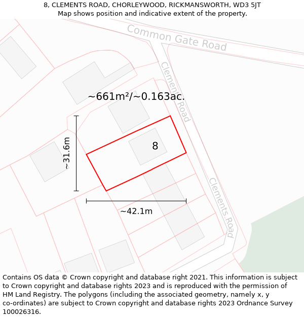 8, CLEMENTS ROAD, CHORLEYWOOD, RICKMANSWORTH, WD3 5JT: Plot and title map