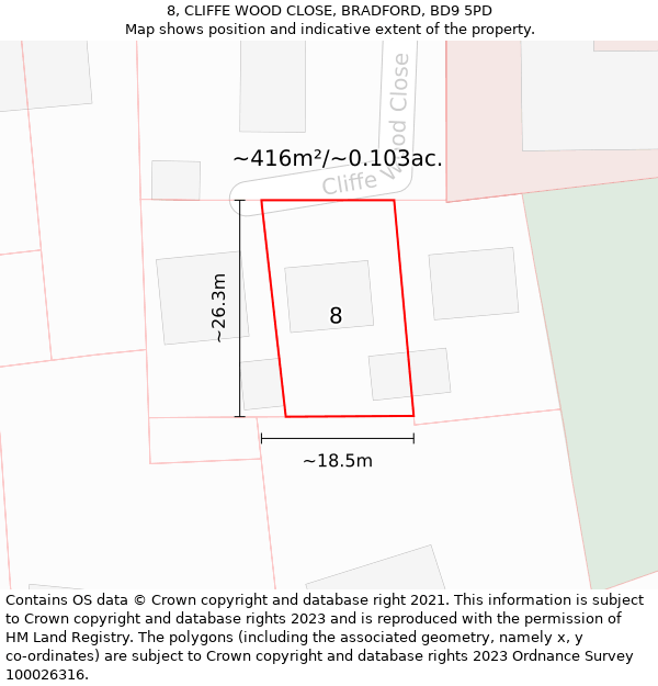 8, CLIFFE WOOD CLOSE, BRADFORD, BD9 5PD: Plot and title map