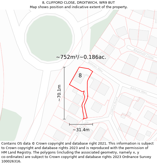 8, CLIFFORD CLOSE, DROITWICH, WR9 8UT: Plot and title map