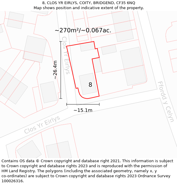 8, CLOS YR EIRLYS, COITY, BRIDGEND, CF35 6NQ: Plot and title map