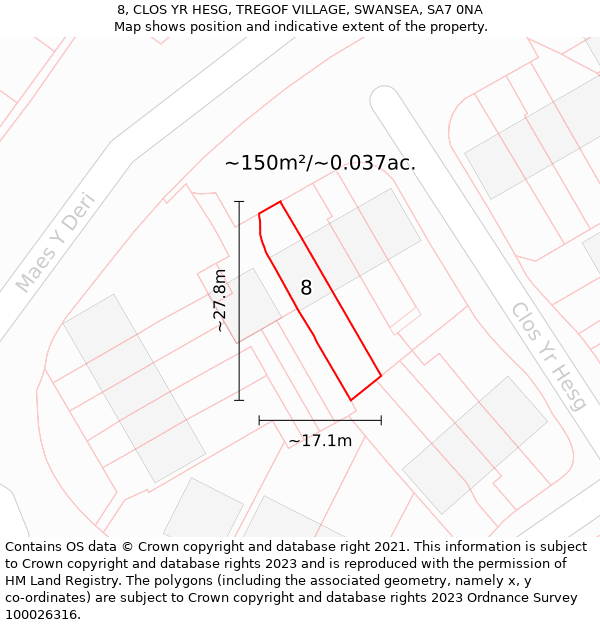 8, CLOS YR HESG, TREGOF VILLAGE, SWANSEA, SA7 0NA: Plot and title map