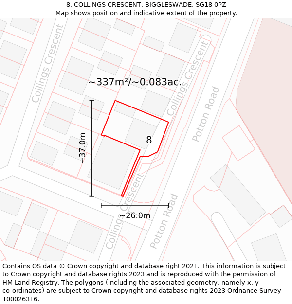 8, COLLINGS CRESCENT, BIGGLESWADE, SG18 0PZ: Plot and title map