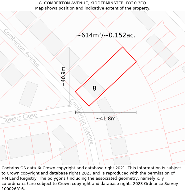 8, COMBERTON AVENUE, KIDDERMINSTER, DY10 3EQ: Plot and title map