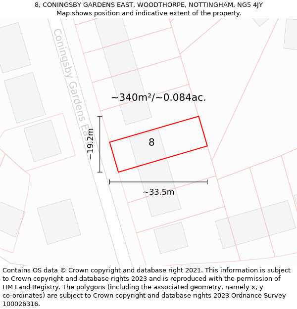 8, CONINGSBY GARDENS EAST, WOODTHORPE, NOTTINGHAM, NG5 4JY: Plot and title map