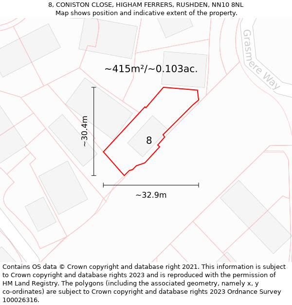 8, CONISTON CLOSE, HIGHAM FERRERS, RUSHDEN, NN10 8NL: Plot and title map