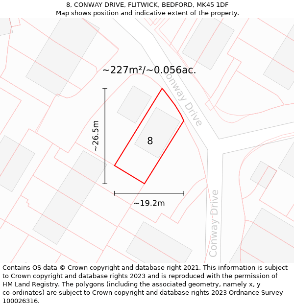 8, CONWAY DRIVE, FLITWICK, BEDFORD, MK45 1DF: Plot and title map