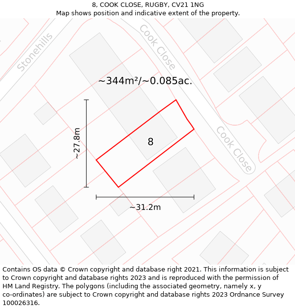 8, COOK CLOSE, RUGBY, CV21 1NG: Plot and title map