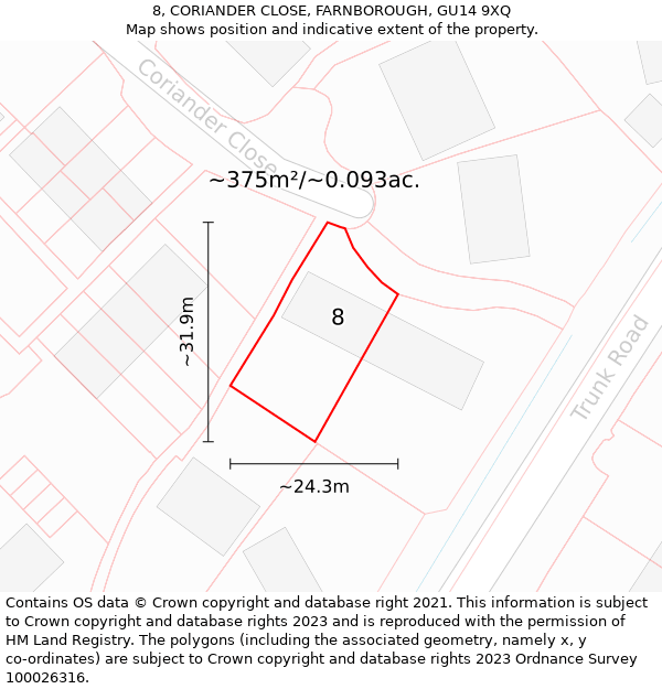 8, CORIANDER CLOSE, FARNBOROUGH, GU14 9XQ: Plot and title map