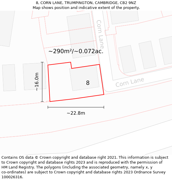 8, CORN LANE, TRUMPINGTON, CAMBRIDGE, CB2 9NZ: Plot and title map