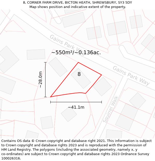 8, CORNER FARM DRIVE, BICTON HEATH, SHREWSBURY, SY3 5DY: Plot and title map