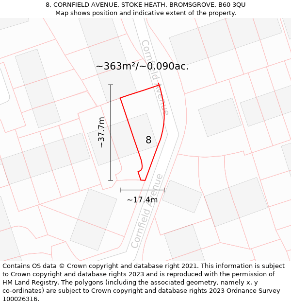 8, CORNFIELD AVENUE, STOKE HEATH, BROMSGROVE, B60 3QU: Plot and title map