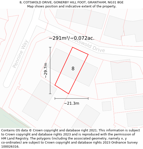 8, COTSWOLD DRIVE, GONERBY HILL FOOT, GRANTHAM, NG31 8GE: Plot and title map