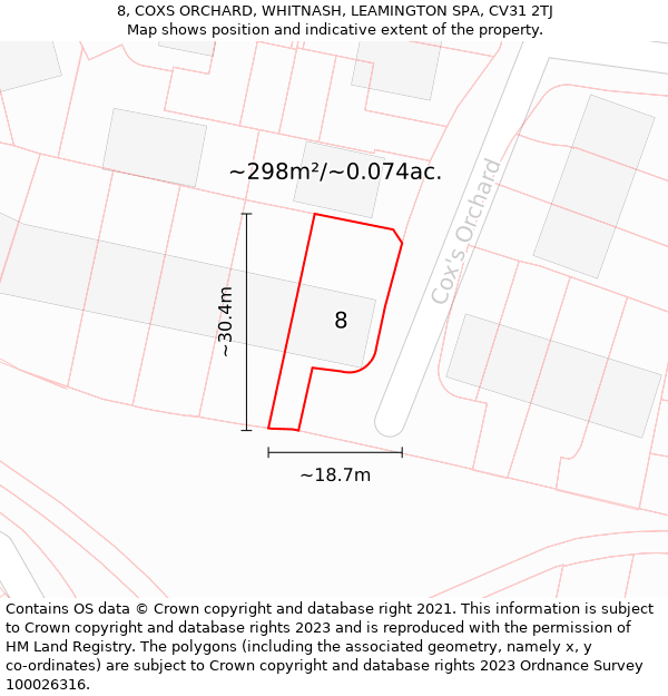 8, COXS ORCHARD, WHITNASH, LEAMINGTON SPA, CV31 2TJ: Plot and title map