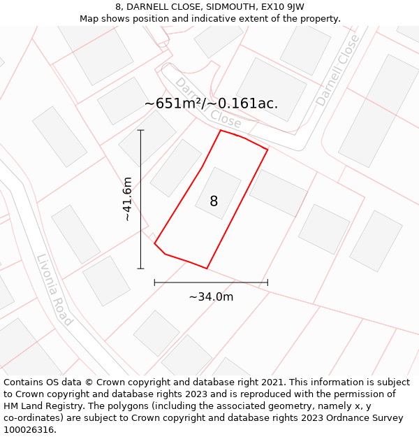 8, DARNELL CLOSE, SIDMOUTH, EX10 9JW: Plot and title map