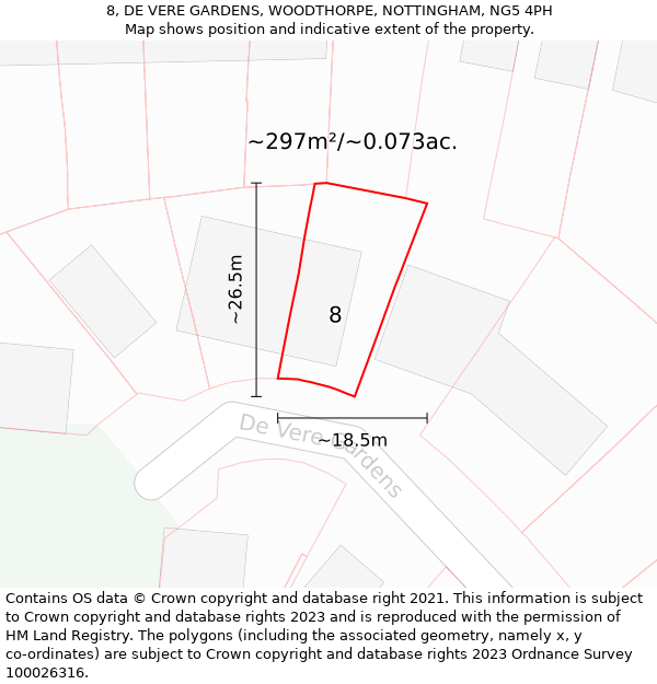 8, DE VERE GARDENS, WOODTHORPE, NOTTINGHAM, NG5 4PH: Plot and title map