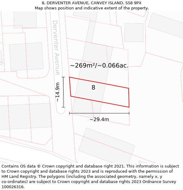 8, DERVENTER AVENUE, CANVEY ISLAND, SS8 9PX: Plot and title map