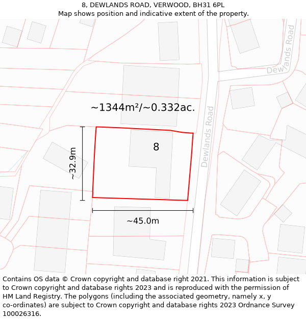 8, DEWLANDS ROAD, VERWOOD, BH31 6PL: Plot and title map