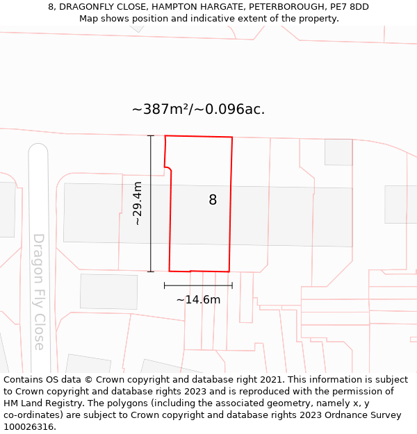 8, DRAGONFLY CLOSE, HAMPTON HARGATE, PETERBOROUGH, PE7 8DD: Plot and title map