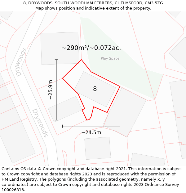 8, DRYWOODS, SOUTH WOODHAM FERRERS, CHELMSFORD, CM3 5ZG: Plot and title map