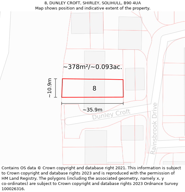 8, DUNLEY CROFT, SHIRLEY, SOLIHULL, B90 4UA: Plot and title map