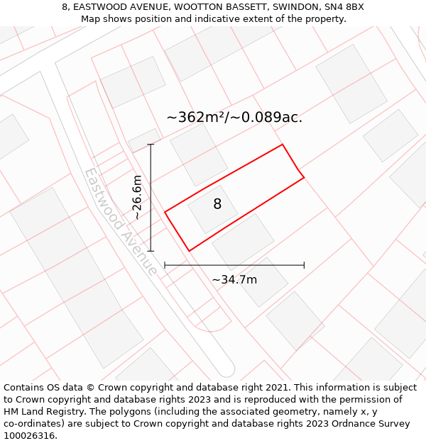 8, EASTWOOD AVENUE, WOOTTON BASSETT, SWINDON, SN4 8BX: Plot and title map