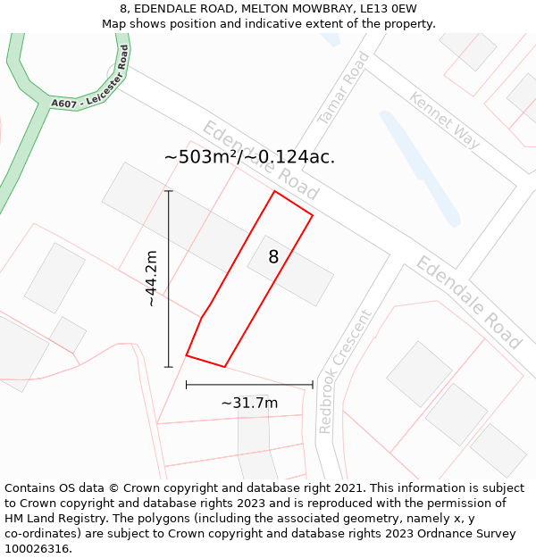 8, EDENDALE ROAD, MELTON MOWBRAY, LE13 0EW: Plot and title map