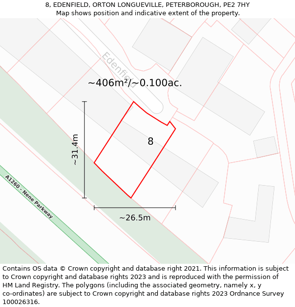 8, EDENFIELD, ORTON LONGUEVILLE, PETERBOROUGH, PE2 7HY: Plot and title map