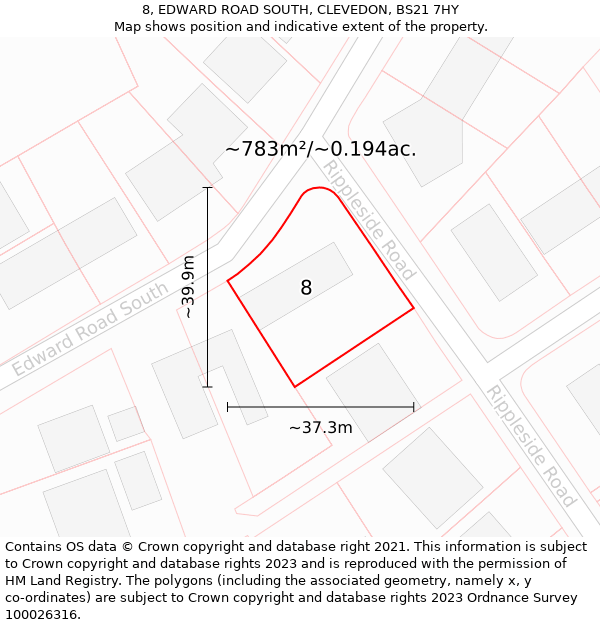 8, EDWARD ROAD SOUTH, CLEVEDON, BS21 7HY: Plot and title map