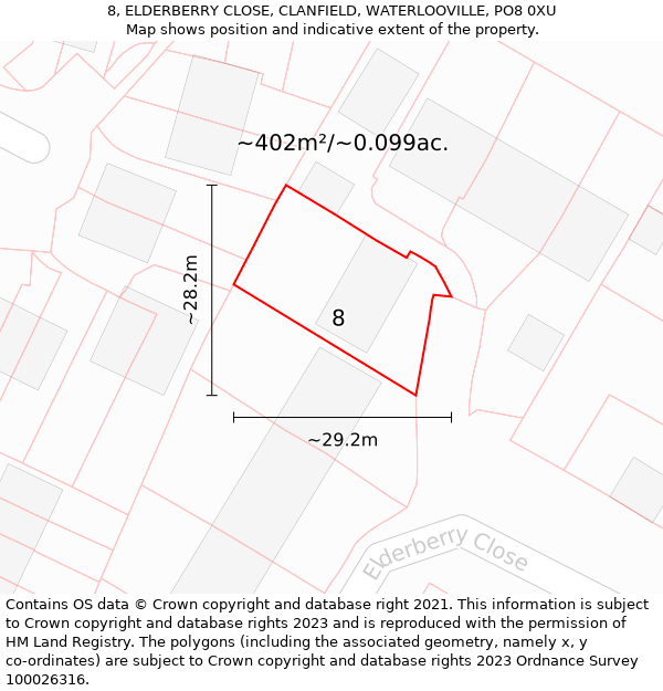 8, ELDERBERRY CLOSE, CLANFIELD, WATERLOOVILLE, PO8 0XU: Plot and title map