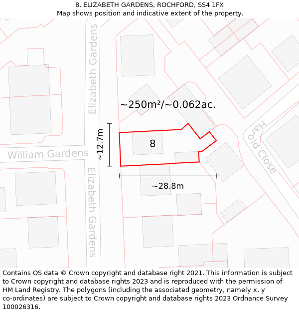 8, ELIZABETH GARDENS, ROCHFORD, SS4 1FX: Plot and title map