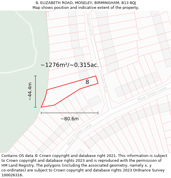 8, ELIZABETH ROAD, MOSELEY, BIRMINGHAM, B13 8QJ: Plot and title map