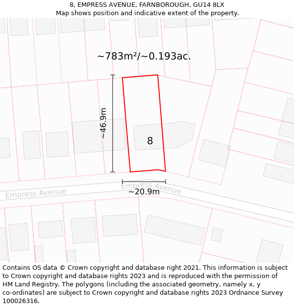 8, EMPRESS AVENUE, FARNBOROUGH, GU14 8LX: Plot and title map