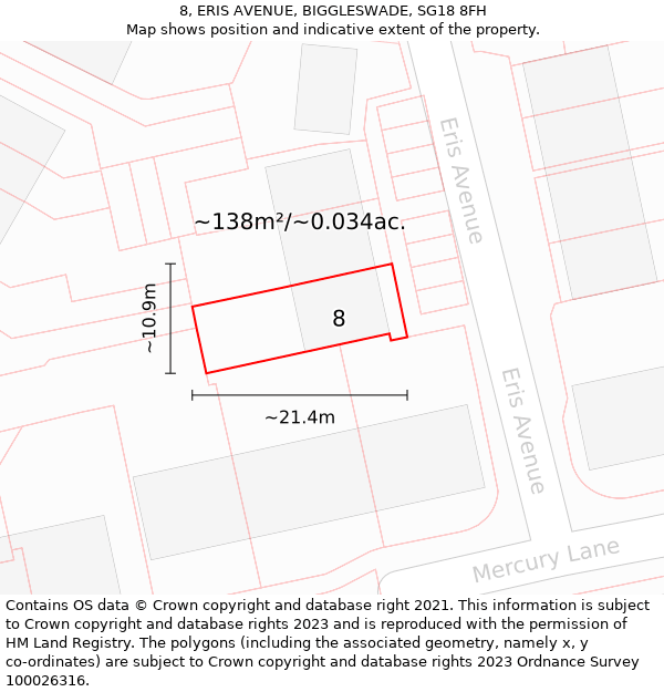 8, ERIS AVENUE, BIGGLESWADE, SG18 8FH: Plot and title map