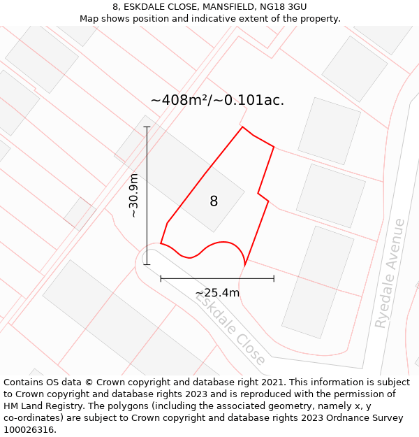 8, ESKDALE CLOSE, MANSFIELD, NG18 3GU: Plot and title map