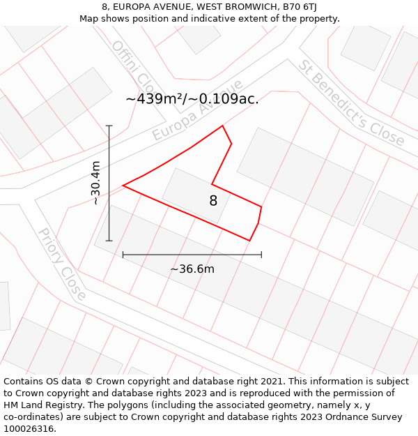 8, EUROPA AVENUE, WEST BROMWICH, B70 6TJ: Plot and title map