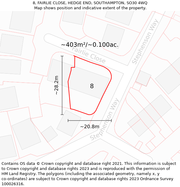 8, FAIRLIE CLOSE, HEDGE END, SOUTHAMPTON, SO30 4WQ: Plot and title map