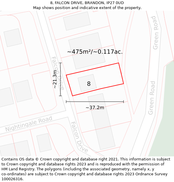 8, FALCON DRIVE, BRANDON, IP27 0UD: Plot and title map