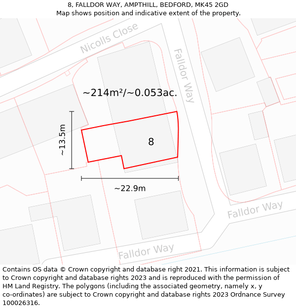 8, FALLDOR WAY, AMPTHILL, BEDFORD, MK45 2GD: Plot and title map