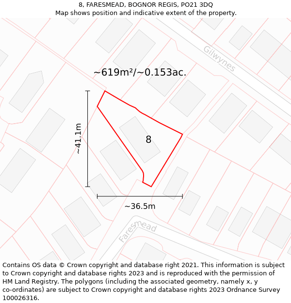 8, FARESMEAD, BOGNOR REGIS, PO21 3DQ: Plot and title map