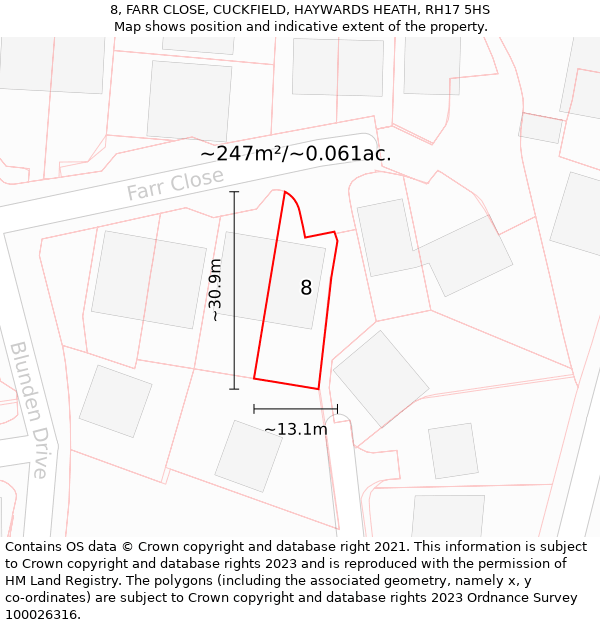 8, FARR CLOSE, CUCKFIELD, HAYWARDS HEATH, RH17 5HS: Plot and title map